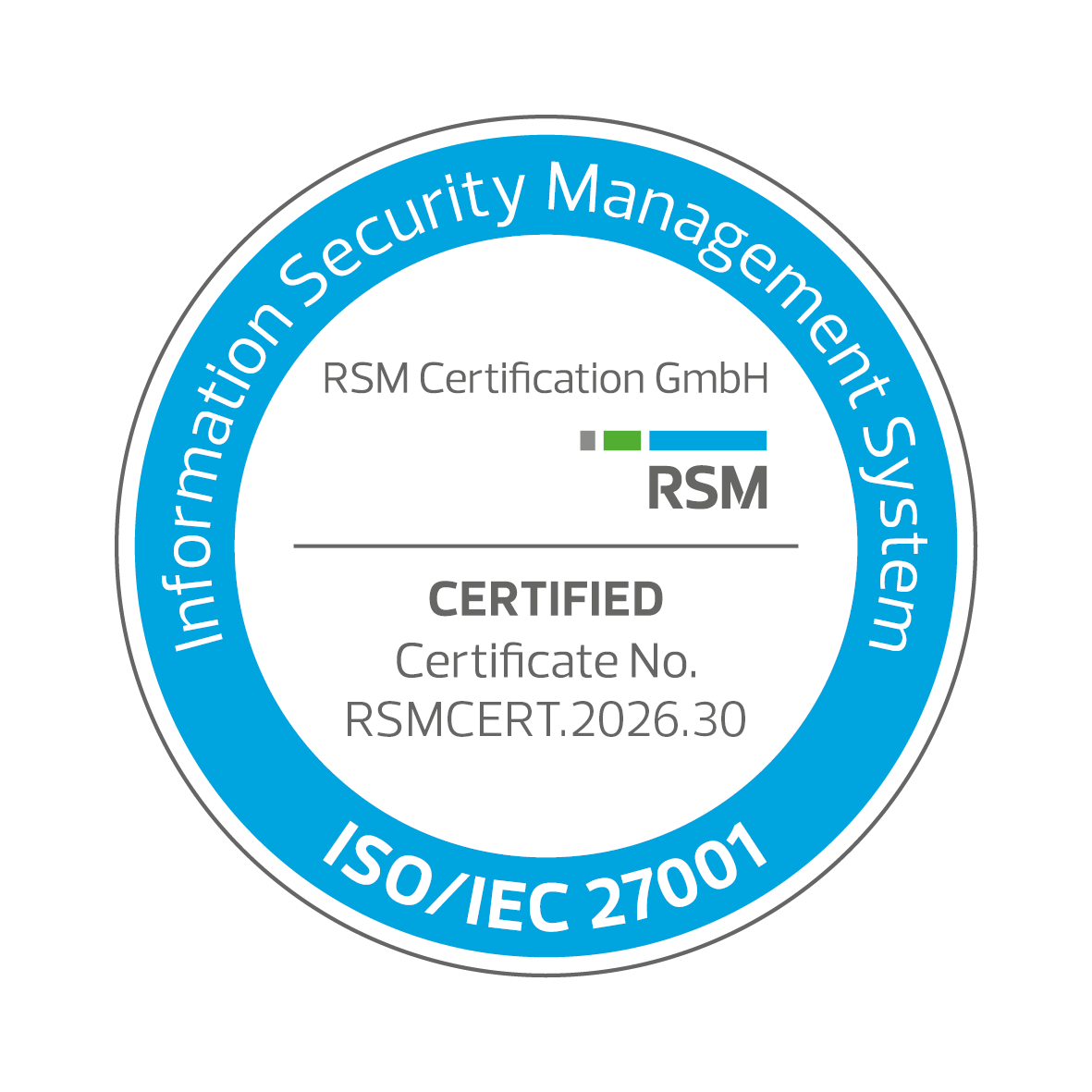 ISO/IEC 27001 certification seal from RSM Certification GmbH